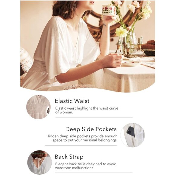 Women's Boho Maxi Dress Short Sleeve V Neck Flowy with Pockets for Wedding - Picture 7 of 8